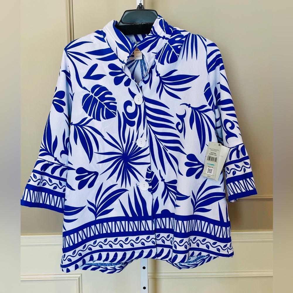 Multiples Blue and White Tropical Print Button-Down Top